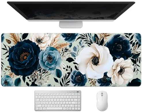 Extended Peony Florals Desk Mat, XL Large Gaming Mouse Pad, Elegant Flowers Boho Navy Blue Stitched Edges Waterproof Non-Slip Rubber Base for Computer Keyboard Laptop Work Home Office 31.5"x11.8"