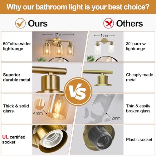 Zarbitta 3-Light Bathroom Light Fixtures, Brushed Gold Vanity Light, Farmhouse Wall Lights with Amber Glass Shades, Bathroom Wall Lamp for Mirror Kitchen Bedroom Hallway Living Room