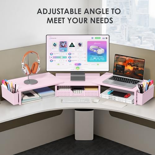 OPNICE Desk Organizers and Accessories, Dual Monitor Stand Riser with Drawer and 2 Pen Holders, Desk Shelf Printer Stand for Office Workspace Organizers, Desktop Organization (Pink)