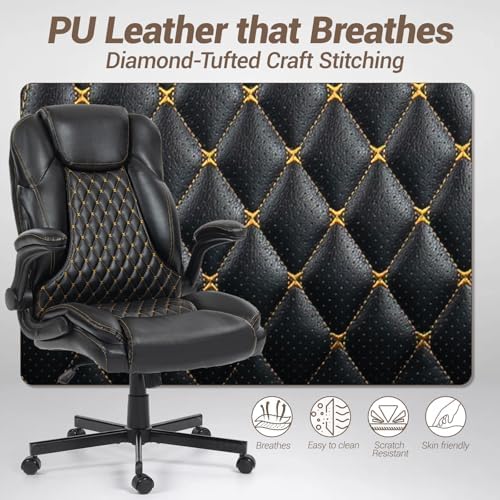 450LBS Ergonomic Office Chair with Flip Up Arms, Heavy Duty PU Leather Big and Tall Desk Chair, High Back Swivel PC Chair for Home Office, Gaming, Black