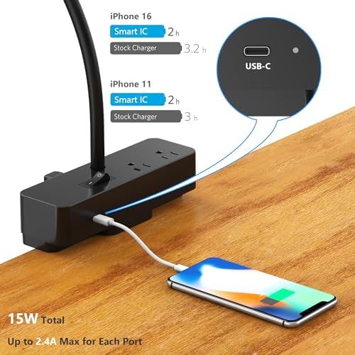 Drevet Led Desk Lamp for Office Home, Eye Caring Architect lamp with Clamp, 2AC&1USB-C Charging Port, 3 Brightness & 3 Color Modes Flexible Adjustable Lighting Table Lamp for Study Drafting