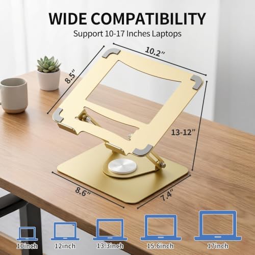 ALASHI Laptop Stand for Desk with 360° Rotating Base, Multi-Angle Adjustable Laptop Stands, Foldable Laptop Riser Compatible with 10 to 17 Inches PC Computer, Gold