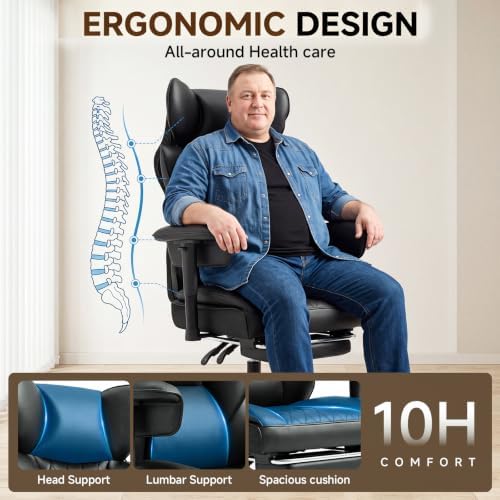 Leather Big and Tall Office Gaming Chair with Footrest Ergo Lumbar Support