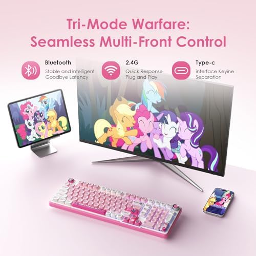 My Little Pony [Official Hasbro Licensed] Wireless Mechanical Keyboard, 101 Keys RGB Gaming Keyboard with Custom Linear Switches & Knob Control, 3-Mode (BT/2.4G/USB-C), Cute Pink Gift for MLP Fans