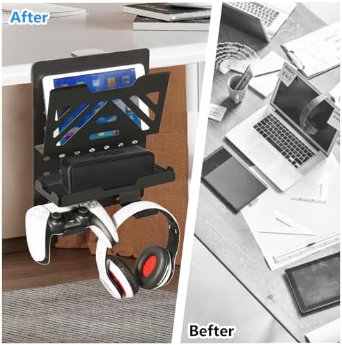 MAXECHO Desk Side Storage Holder, Metal Pegboard, Above or Under Desk Laptop Mount, Table Side Hanging File Organizer, Clamp On Cable Management Tray, Peg Board for Gaming, Office