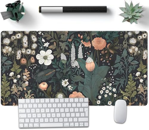 Dark Flower Desk Mat Floral Plants Mouse Pad Boho Aesthetic Wildflowers Large Gaming Mousepad Desk Pad, XXL Keyboard Mouse Mat Full Desktop Mat Women Office Desk Accessories 31.5"x15.7"