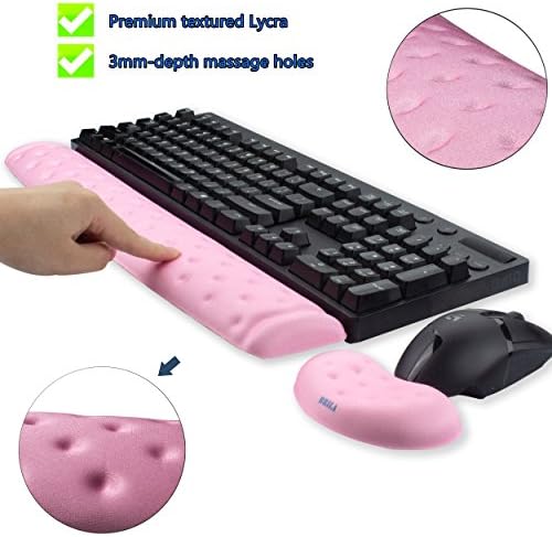 BRILA Memory Foam Mouse & Keyboard Wrist Rest Support Pad Cushion Set for Computer, Laptop, Office Work, PC Gaming - Massage Holes Design - Easy Typing Wrist Pain Relief (Pink Bundle)