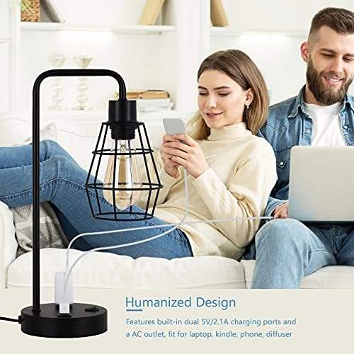 BTY USB Edison Table Lamp Set of 2, Bedside Nightstand Desk Lamps with Dual USB Charging Ports and 2 Prong AC Outlet Metal Wire Cage Industrial Reading Table Lamp for Bedroom Living Room Farmhouse
