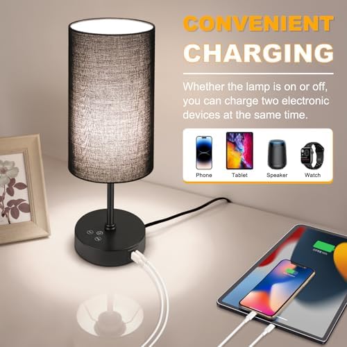 Unicozin Table Lamp with 3 CCT (3000K/4500K/6500K), Stepless Dimmable Bedside Lamp with 7 Color Changing, Modern Nightstand Light with Black Shade for Bedroom, Kids Room, Home, Office