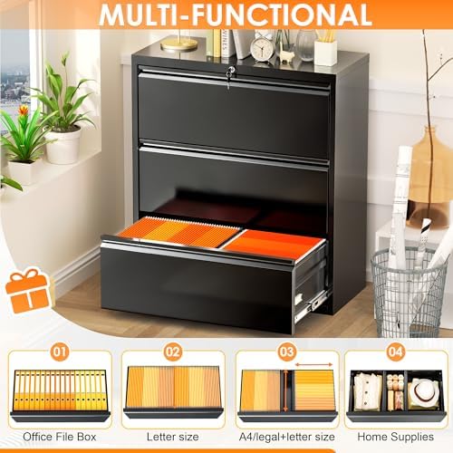 INTERGREAT Lateral File Cabinet 3 Drawer, Metal File Cabinets for Home Office, Locking File Cabinet for Letter/Legal/F4/A4 Size Hanging Files, Easy Assembly, Black