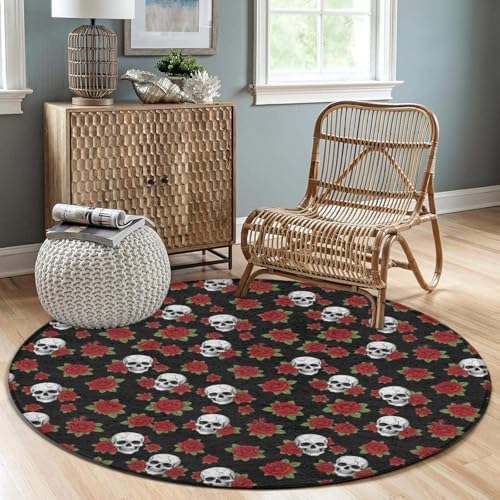 Large Machine Washable Circular Rugs, Home Decor Round Mat for Living Room Sofa Office Halloween Skulls Red Rose, 60inch