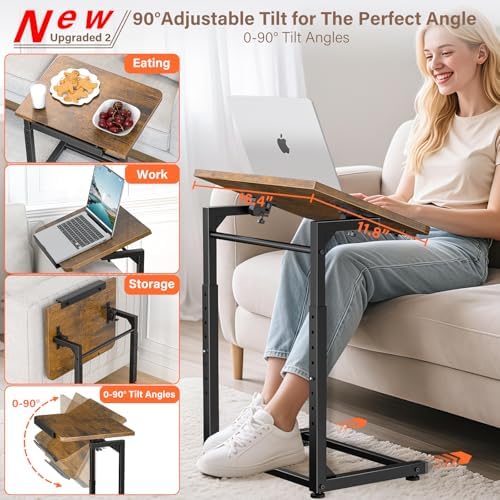 Tv Tray Table, 8-Level Adjustable Height Couch Side Table，90° Tilt Angle Adjustments C-Shaped End Table, with Phone & Tablet Slot Sofa Computer Desk for Couch, Sofa, Bed, Chair, Living Room (Brown)
