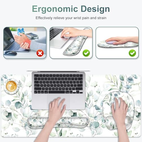 Large Mouse Pad with Wrist Support 4in1 Set, XXL Big Game Mousepad +Keyboard Wrist Rest+Mouse Wrist Rest+Coaster with Ergonomic Design Gaming Mat for Home Office Computer I Eucalyptus Branches