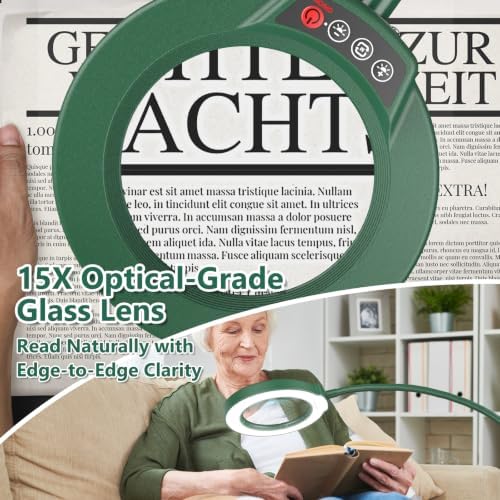 15X Magnifying Glass with Light and Stand, Optical Grade Real Glass Lens, 5 Color Modes, Stepless Dimmable, 24" Flexible Gooseneck 3-in-1 Floor Lamp, LED Lighted Magnifier Hands Free for Hobby - Green