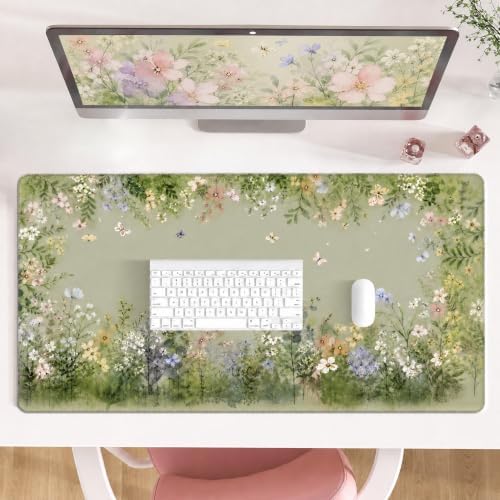 Large Desk Mat 31.5x15.7 Inch Floral Mouse Pad, Butterfly Garden Gaming Mat