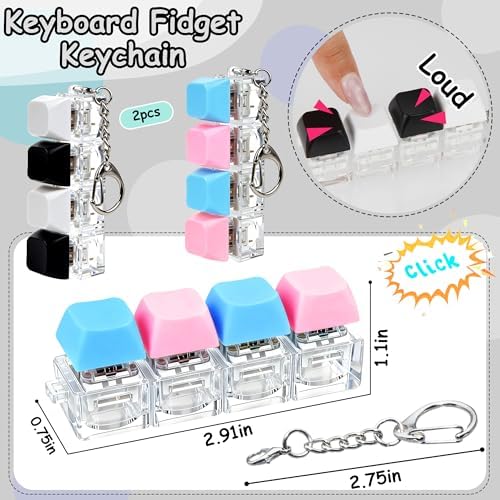 2 PCS Keyboard Fidget Toy, Keyboard Fidget Keychain 4-in-1 Keyboard Decompression Button Finger Clicker Toys, Button Stress Relief Fidget Gifts to Relief Stress (Black White Blue Pink)