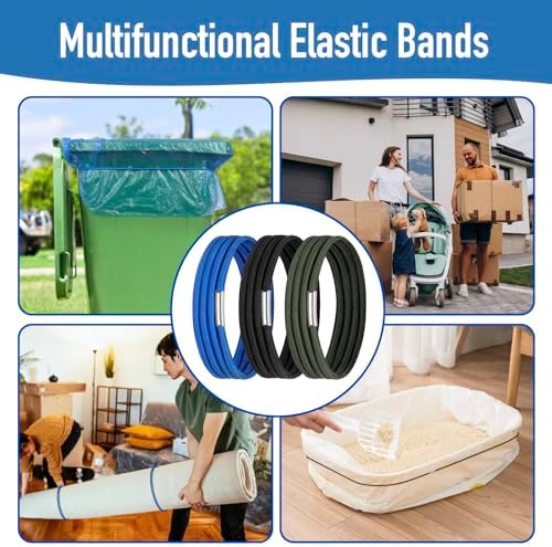 Large Rubber Bands Set of 3, Fits 55, 65, 96 Gallon Trash Cans, Trash Can Bands for Large Bags, Durable Kitchen Garbage Bag Straps, Heavy Duty Elastic Bands in Black, Blue and Olive Green