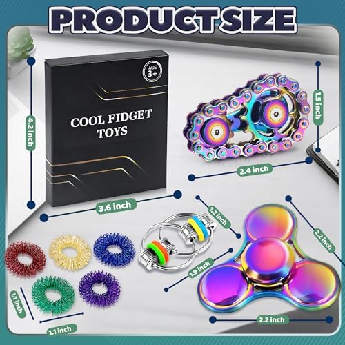 8Pcs Fidget Toys Adults Fidgets Spinner Autism Sensory Pack Spiky Sensory Rings for Anxiety Metal Bike Chain Roller Cool Gadgets for Teen Boys ADHD Silent Stress Relief Office Desk Toy Adults Gift
