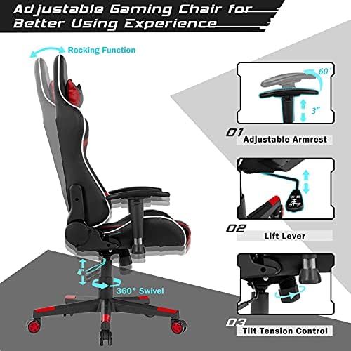 GYMAX Gaming Chair, Massage Gaming Chairs for Adults with Headrest, Lumbar Support & Armrest, Video Computer Reclining Gaming Chair, Office Desk Gamer Task Chair (Red Chair with Black Z-Shape Desk)