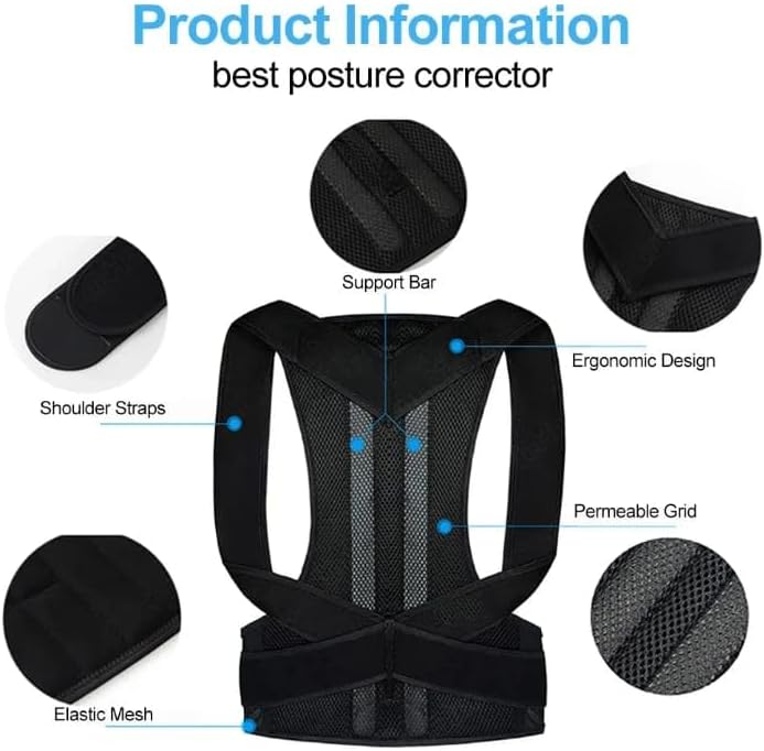 Posture Corrector for Men and Women, Adjustable Back Brace, Breathable, Pain Relief, Black