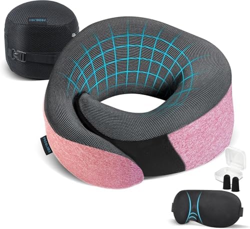 Proglobe Travel Pillow, 100% Pure Memory Foam Airplane Neck Pillow, Pink