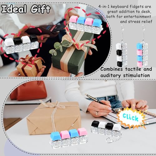 2 PCS Keyboard Fidget Toy, Keyboard Fidget Keychain 4-in-1 Keyboard Decompression Button Finger Clicker Toys, Button Stress Relief Fidget Gifts to Relief Stress (Black White Blue Pink)