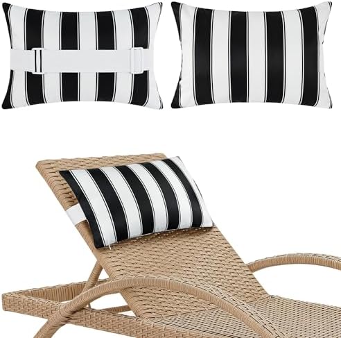 Black Striped Outdoor Lounge Chair Headrest Pillow 11"x16", 2 Pack
