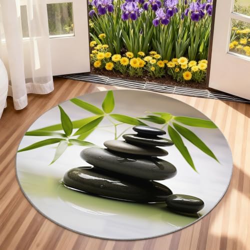 Zen Stone Round Area Rug - 5ft Meditation Yoga Round Rug for Living Room, Mental Space Circle Rugs Washable Soft Non-Slip Carpet for Bathroom Bedside Sofa Coffee Table Decor Mat