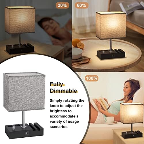 Kakanuo Grey Bedside Table Lamps Set of 2 - Dimmable, USB C+A, 2 AC Outlets