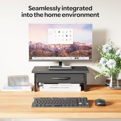 Ekisemio 2-Tier Monitor Stand with Fabric Drawer – Wood and Metal Computer Riser, Desk Organizer for Office, Black