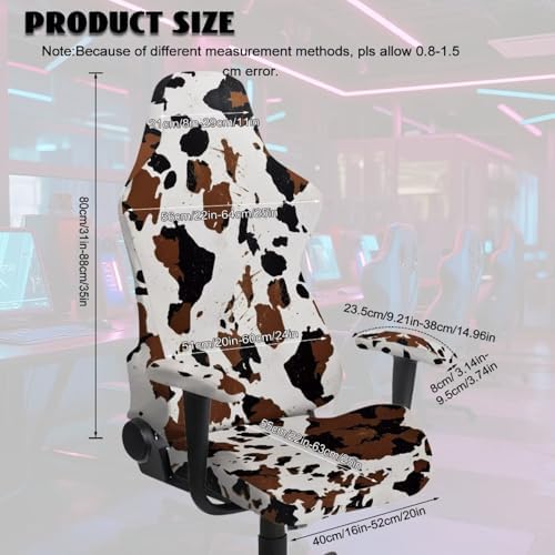Cow Print Gaming Chair Cover with Armrest Cover 4 pcs Set Zippered Stretchable Slipcover Cat Proof Scratch Resistant Wastern Universal Rotating Desk Chair Protector