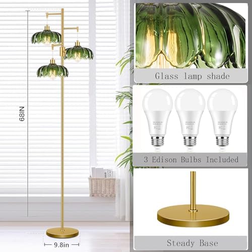 Dimmable Floor Lamps for Living Room Bedroom-3 Light Gold Floor Lamp with Glass Lampshape, Flower Tall Lamp Mid Century Modern Standing Lamp Glass Tree Floor Lamps for Living Room Bedroom,Corner