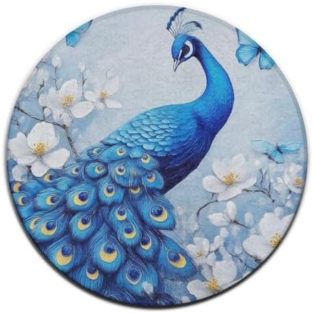 Machine Washable Modern Round Area Rug, Room Sofa Yoga Soft Round Carpet, Home Decor Non Slip Kitchen Office Circle Rug Blue Peacock and White Flowers, 60inch