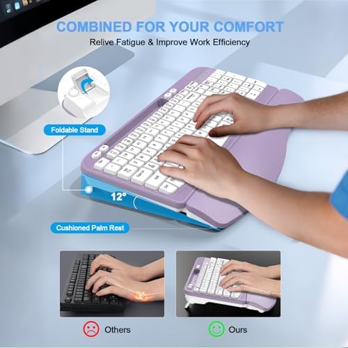 EAYBLLY 2.4G Wireless Ergonomic Keyboard, Full Size Wave Keys with Memory Foam Wrist Rest & 7.28in Phone Holder, USB-C Adapter Included for Windows Mac Chrome OS, Office or Home (Purple)