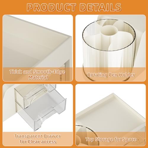 Marbrasse Desk Organizer with 2 Drawer, 360°Rotating Pen Holder, Desk Organizers and Accessories with 6 Slots Pencil Organizer + 2 Drawer, Art Supply Storage Box Caddy for Office (Beige)