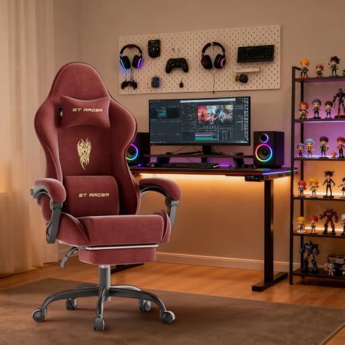 Ferghana Ergonomic Velvet Fabric Gaming Chair for Adults, Embroidered Fire Pattern, Massage Lumbar Support, Retractable Footrest, Adjustable Reclining Racing Style Computer Office Desk Chair, Red