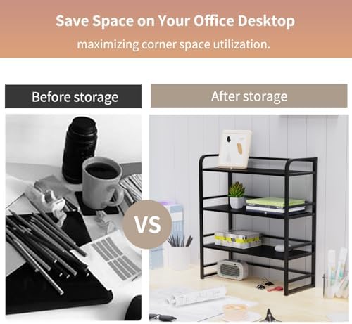 Office Desk Shelf Organizer, Wood Desktop Bookshelf Supplies Storage Rack, Shelf for Top of Desk and Dresser and Cubicle Decor Aesthetic Bookshelf (Black Brown, Three Tier, 15.75Lx7.87Wx22.05H)