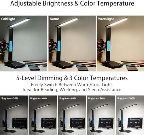 Desk Lamp with Wireless Charger, Table Lamp with USB Port, Eye-Caring Dimmable Touch Control, Clock Display, Adjustable Foldable Arm, 5 Brightness & 3 Color Modes, Home Office Study