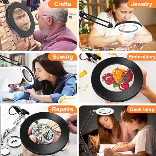 10X Magnifying Glass with Light and Stand, Dimmer Adjustable Swing Arm 2-in-1 Desk Lamp and Clamp, LED Lighted Desk Magnifier with Light for Craft Reading Repair Painting Close Work