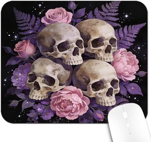 9.5x7.9 Inch Office/Gaming Mouse Pad, Vintage Pink Gothic Floral Skull Purple Black Design, Cute Anti-Slip Mat for Desk Decor