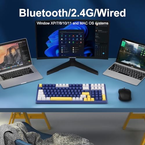 Merdia Wireless Mechanical Keyboard, Triple Mode 2.4G/USB-C/BT Gaming Keyboards 100 Keys Ice-Blue Backlit, Brown Switch Keyboard | Rechargeable Mechanical Gaming Keyboards | Blue/White/Yellow