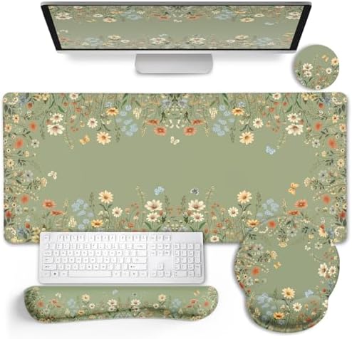 LIMKRIAN Floral Desk Mat Set, Cute Green Desk Accessories Gifts for Women