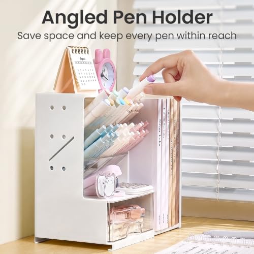 Sooez Desk Organizer with Bookends, Pegboard & Drawer, Pen & Pencil Holder