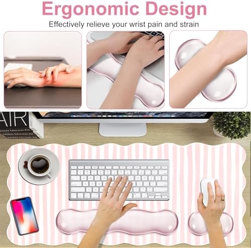 L-SPOUTTO Pink Striped Mouse Pad Set,Scalloped XXL Desk Mat + Ergonomic Mouse Wrist Rest + Gel Keyboard Wrist Rest for Keyboard 65%/75%,3in1 Large Desk Pad for Desktop Home Office Computer Game