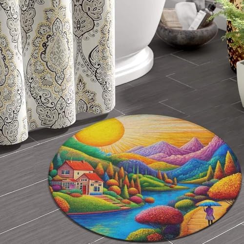 Highly Premium Quality Floor Mat, Office Chair Decor Mat, Room Sofa Yoga Soft Round Carpet Colorful Red Cottage Landscape Art, 24inch