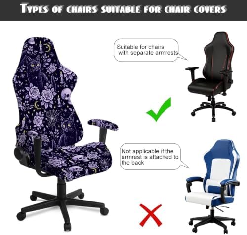Halloween Gothic Black Cat Gaming Chair Cover Stretchable Game Chair Slipcovers with 2 Armrest Covers, Scratch-Proof Gamer Desk Chair Covers for Computer Office Seat