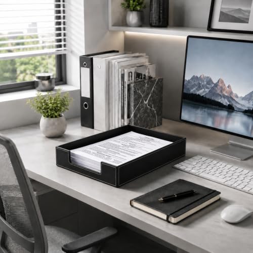 Black Leather Letter Tray, Desk Leather Organizer Tray for A4 Paper, Office Desktop Letter-Size Holder for File, Document, Mail & Magazine