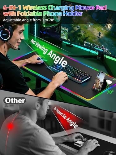 Mouse Pad with Foldable Phone Holder & Wireless Charger, XXL RGB Gaming Mousepad 31.5"x15.8" Large Desk Mat for Keyboard, Black Desk Pad with Dual Qi Charging Station | 11 Colors 5 Modes | Waterproof