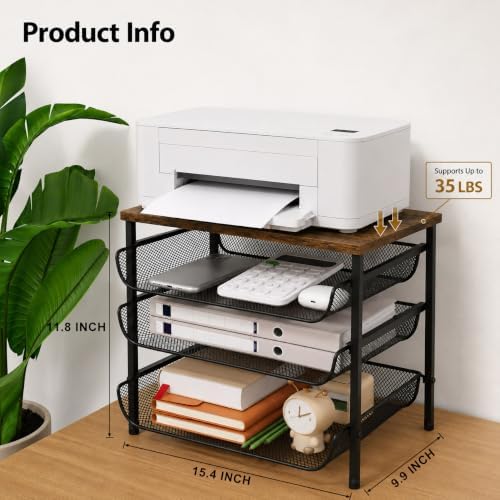 4-Tier Printer Stand with Storage for Desk, Wood Top, Black