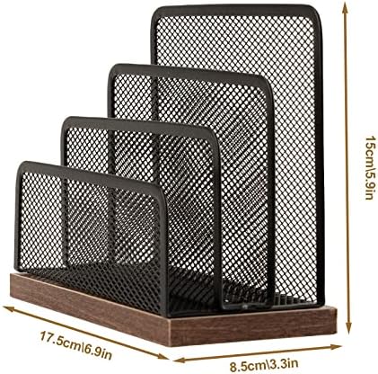 Wooden Desk Mail Organizer, Desktop File Organizer Metal Mesh with 3 Vertical Upright Compartments, Mail Sorter Letter Organizer Rack for Letters, Postcards, Brochures, Mail Holder (2 Pack Black)